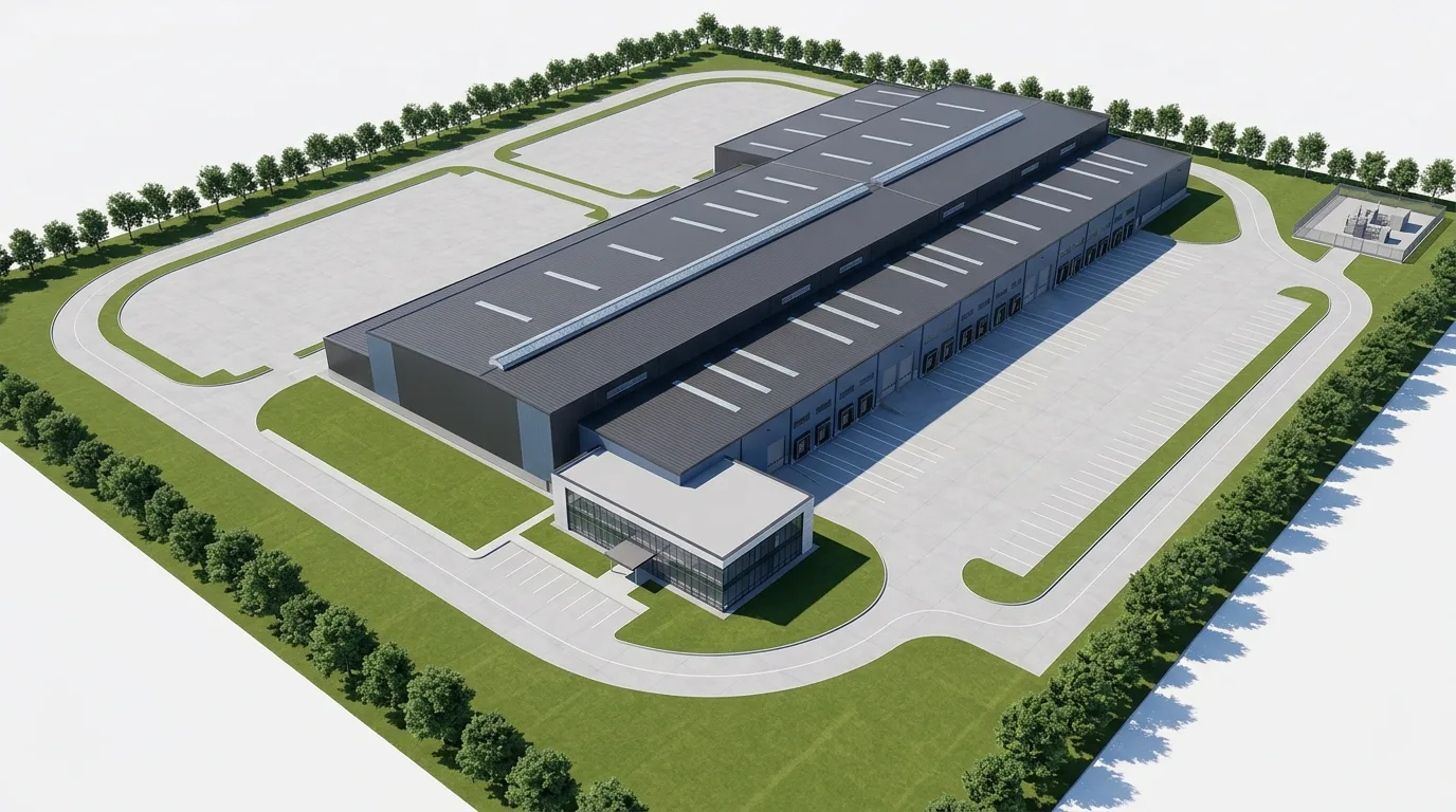 High-angle architectural rendering of an industrial manufacturing campus master plan showing ring roads and expansion bays