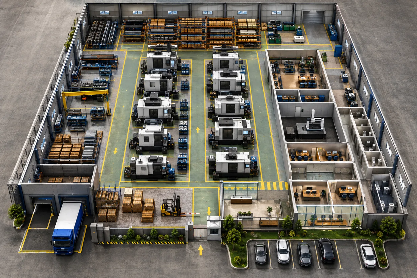 Detailed 3D cutaway architectural master layout showing an entire CNC plant with loading docks, storage, machine bays, CMM lab, and offices