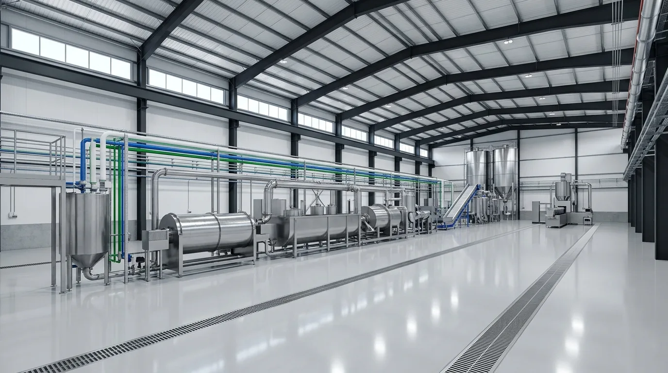 Modern plastic recycling facility showing single-bay wash line and clean material handling layout