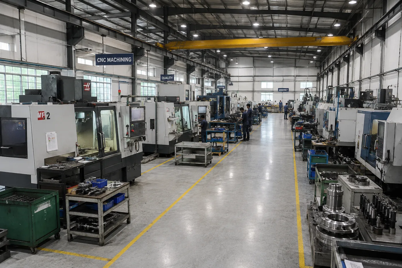 Modern precision CNC machining facility interior showing machines, material handling aisles, and quality station