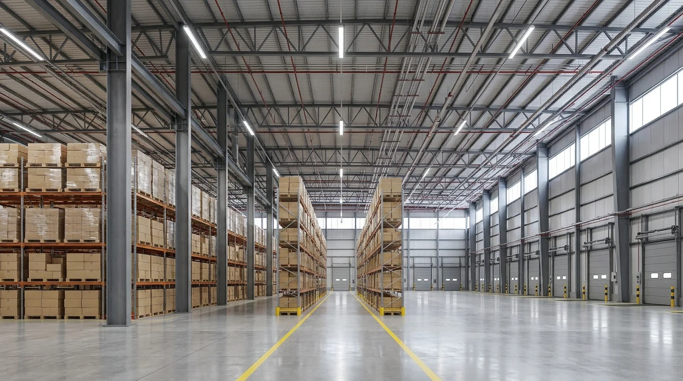 High-bay industrial logistics warehouse with multi-tier pallet racking, dock levellers, and polished concrete flooring