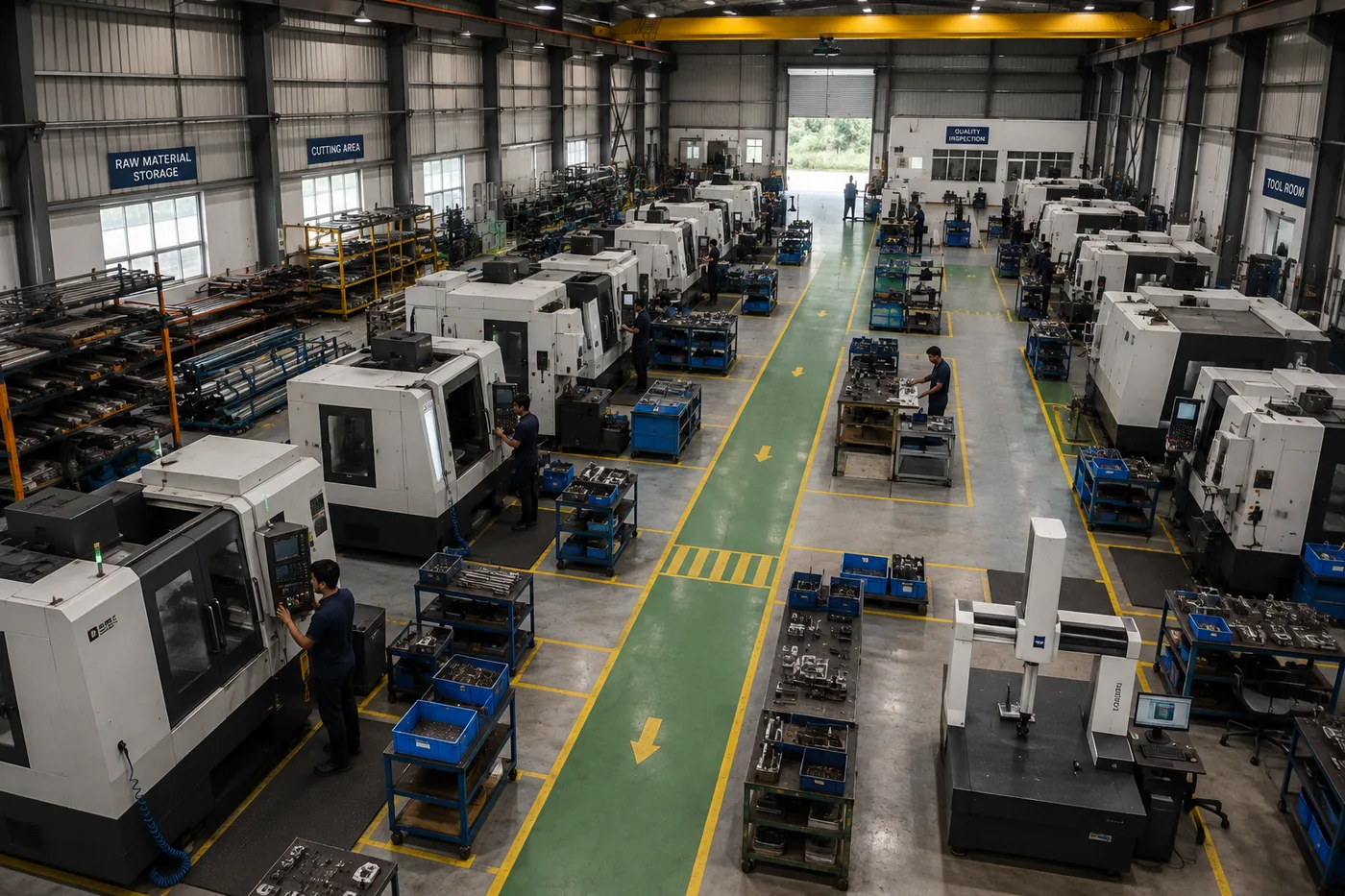 Wide overhead view of organized CNC machine shop floor showing designated painted aisles, CMM quality room, and raw material storage