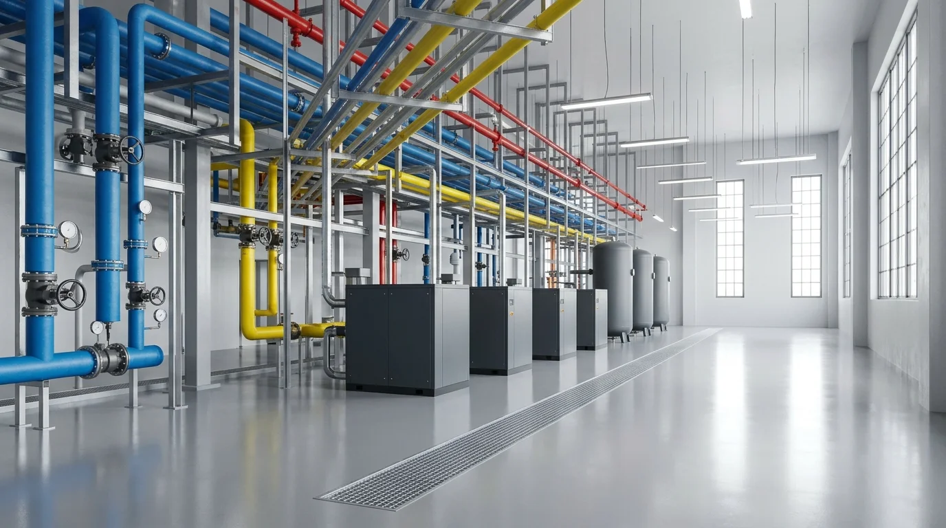 Central industrial plant utility room with color-coded process piping, rotary screw air compressors, and electrical switchgear