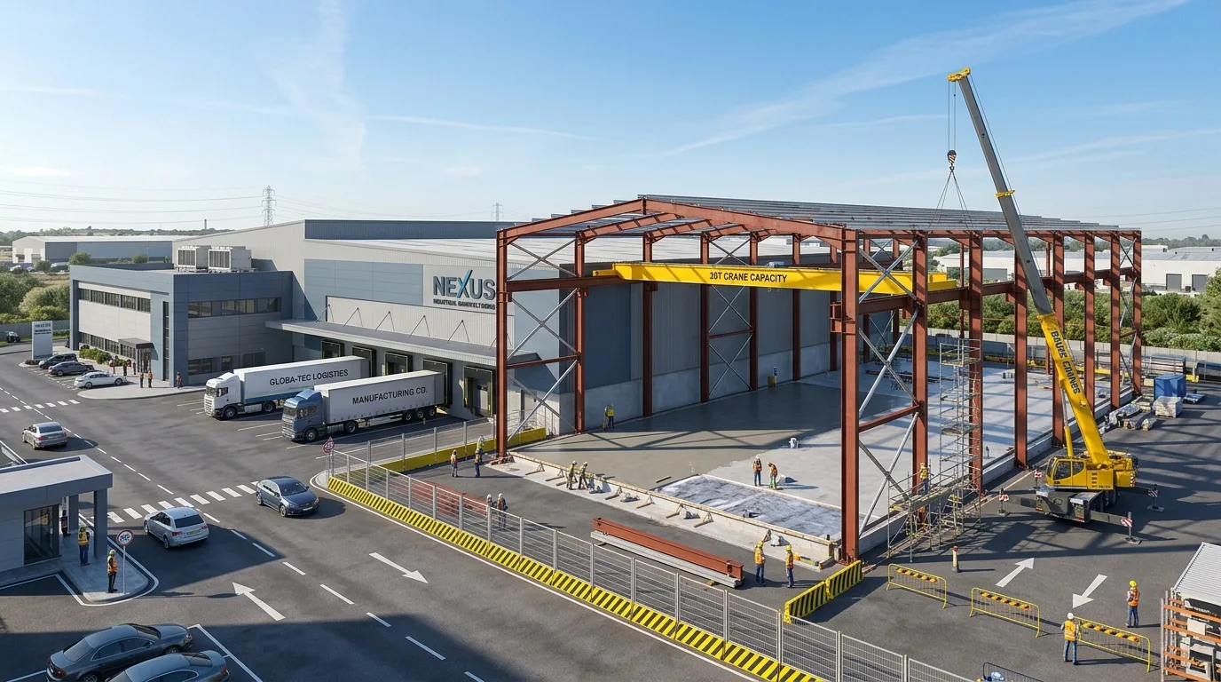 Modern industrial manufacturing campus layout highlighting expansion bays and internal road network