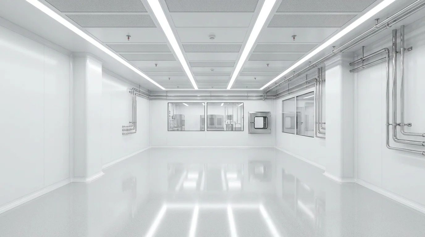 State-of-the-art cGMP pharmaceutical cleanroom suite with modular sandwich panels, HEPA filtration, and sanitary piping