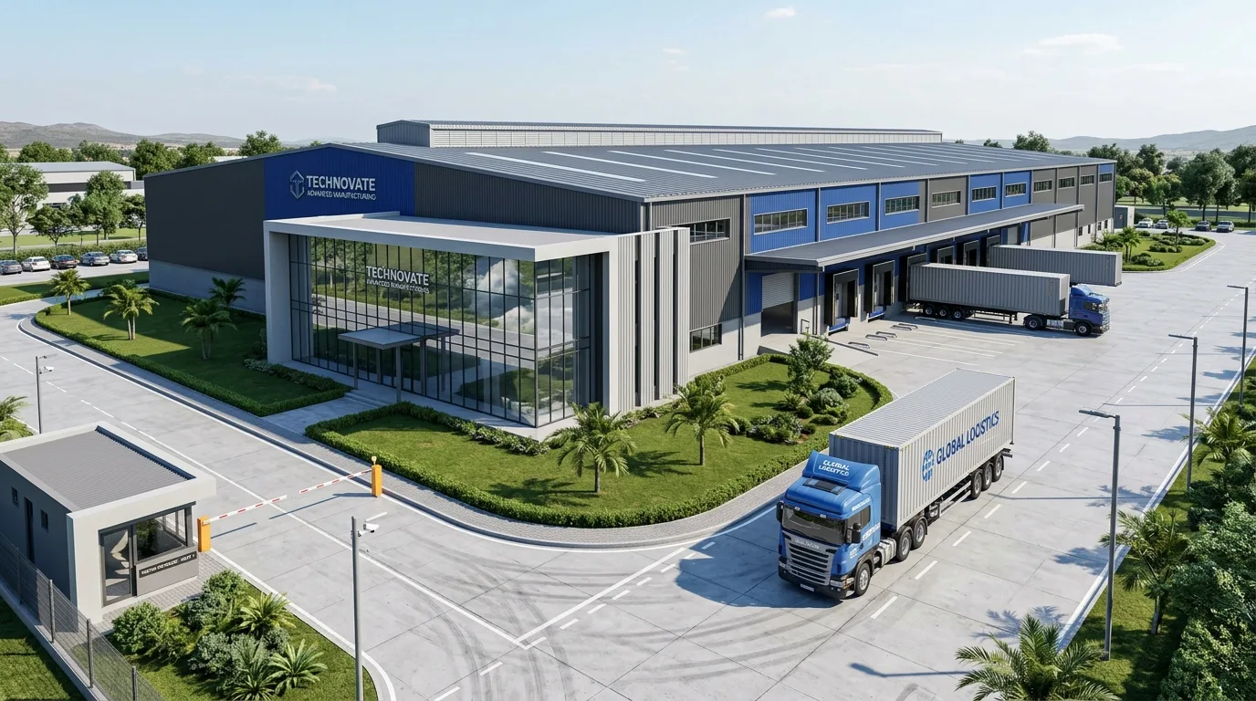 High-bay industrial manufacturing plant interior showcasing steel structure and clear span layout